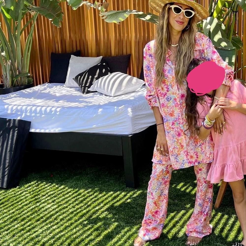 H&M Set - Pink Flower Pattern Set - Long Sleeve Shirt + Flare Pant